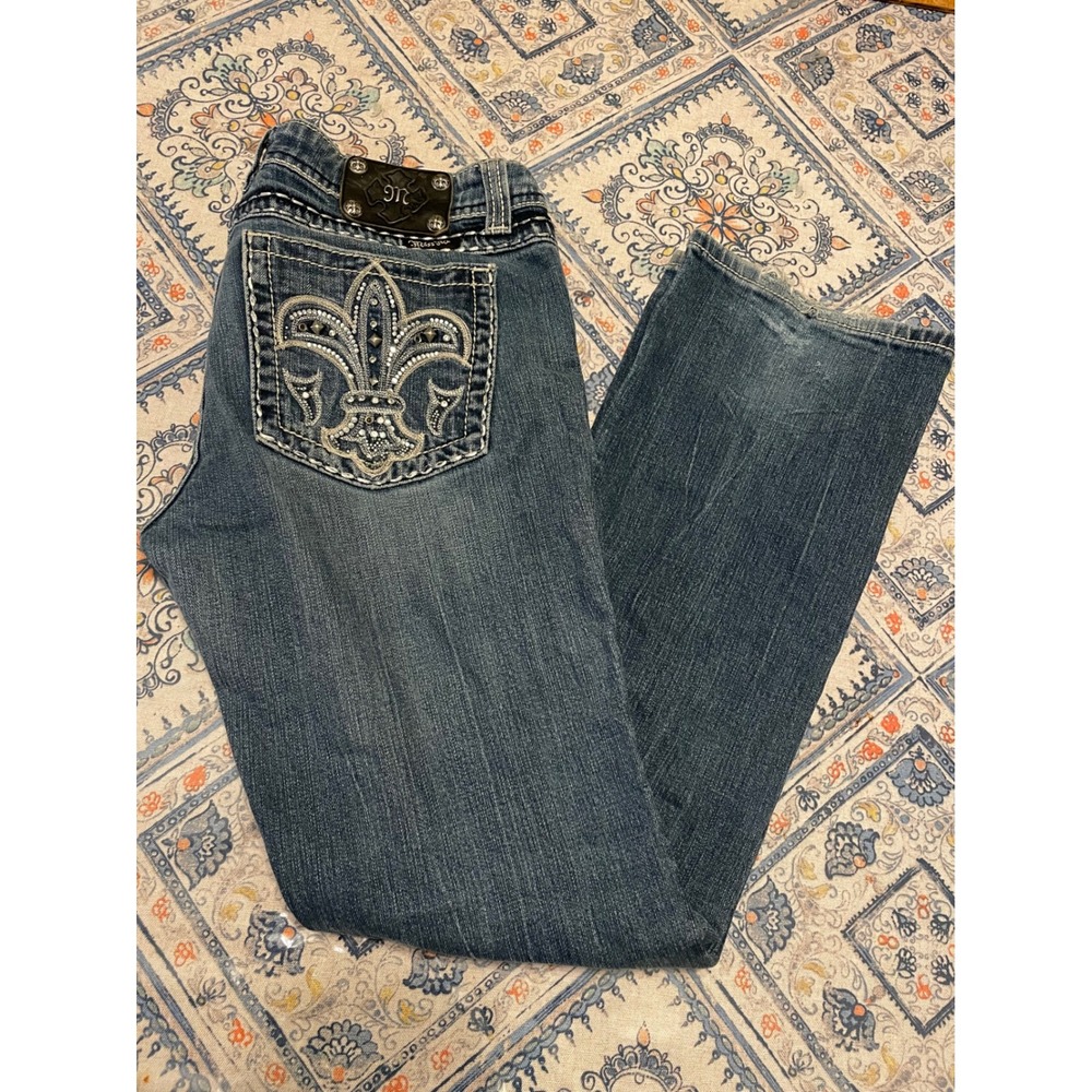 Miss Me JE5073-2L Bootcut Jeans Fleur de Lis Studded Distressed Size 32